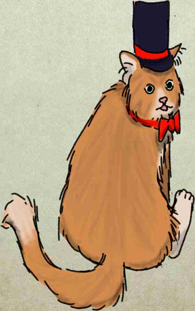 Fat orange tabby cat sitting with his back to the viewer, looking over his shoulder, wearing a top hat and bow tie